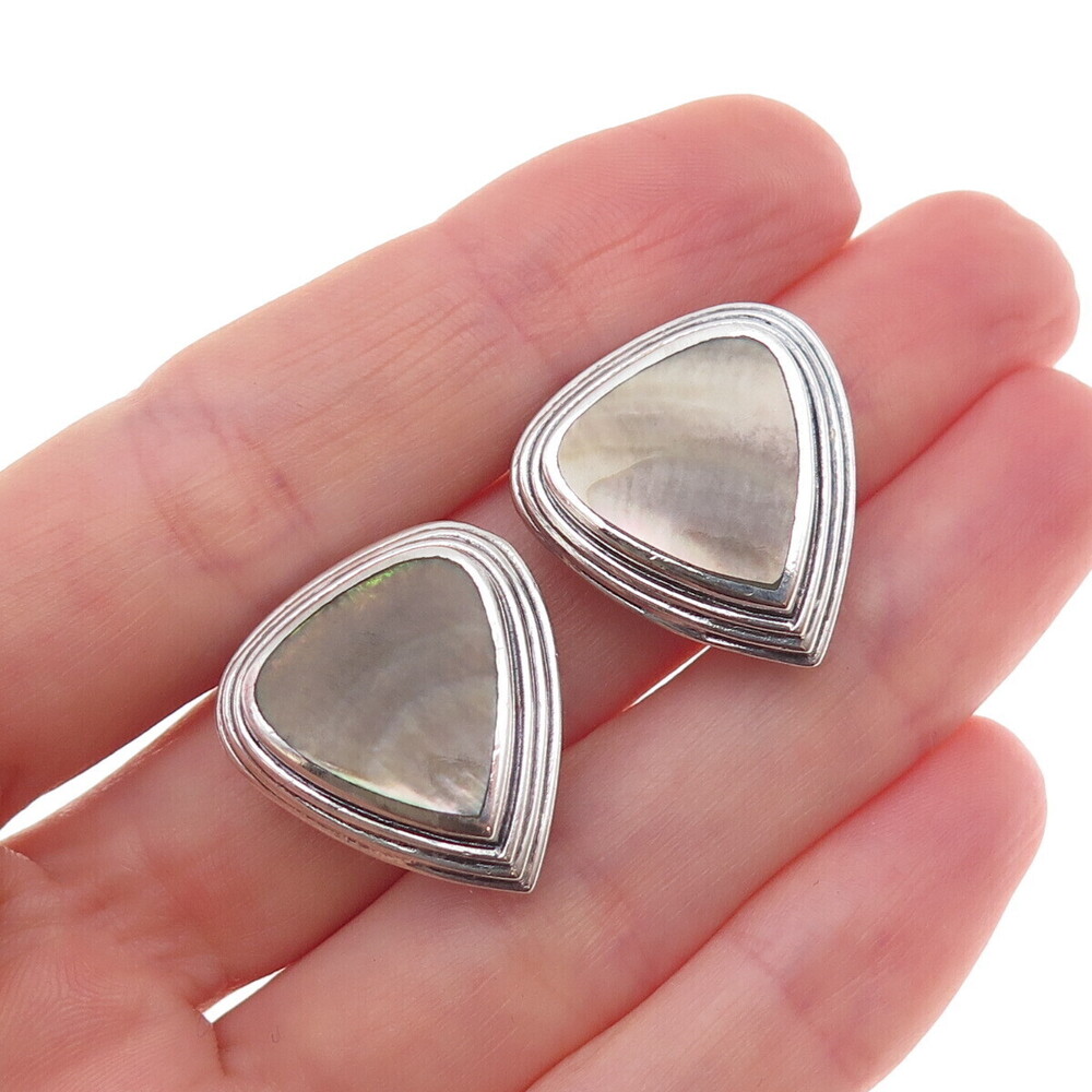 Paul Brackna 925 Sterling Silver Vintage Real Abalone Shell Clip On Earrings